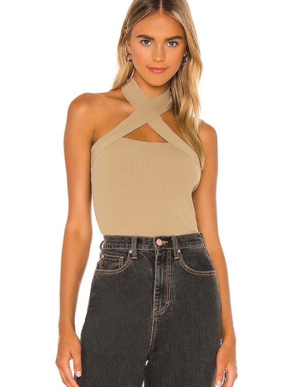 INTERMIX Cross-Front Ribbed Knit Halter Top, Taupe/Beige, Size M.